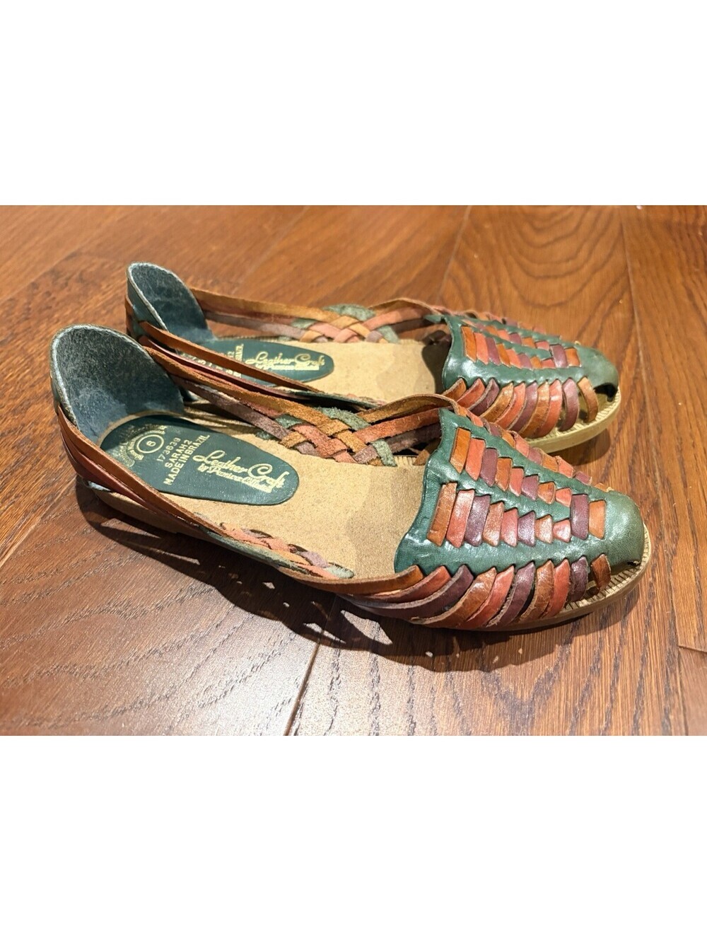 Leather Craft COLORFUL HUARACHE SANDALS LEATHER Sz 6 Handmade Green Brazil